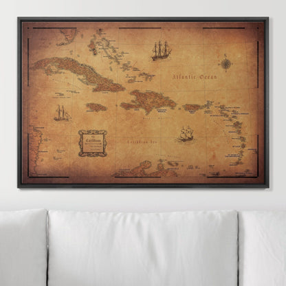 Push Pin Caribbean Map - Golden Aged - Pins Included! - Liberty Flag & Specialty