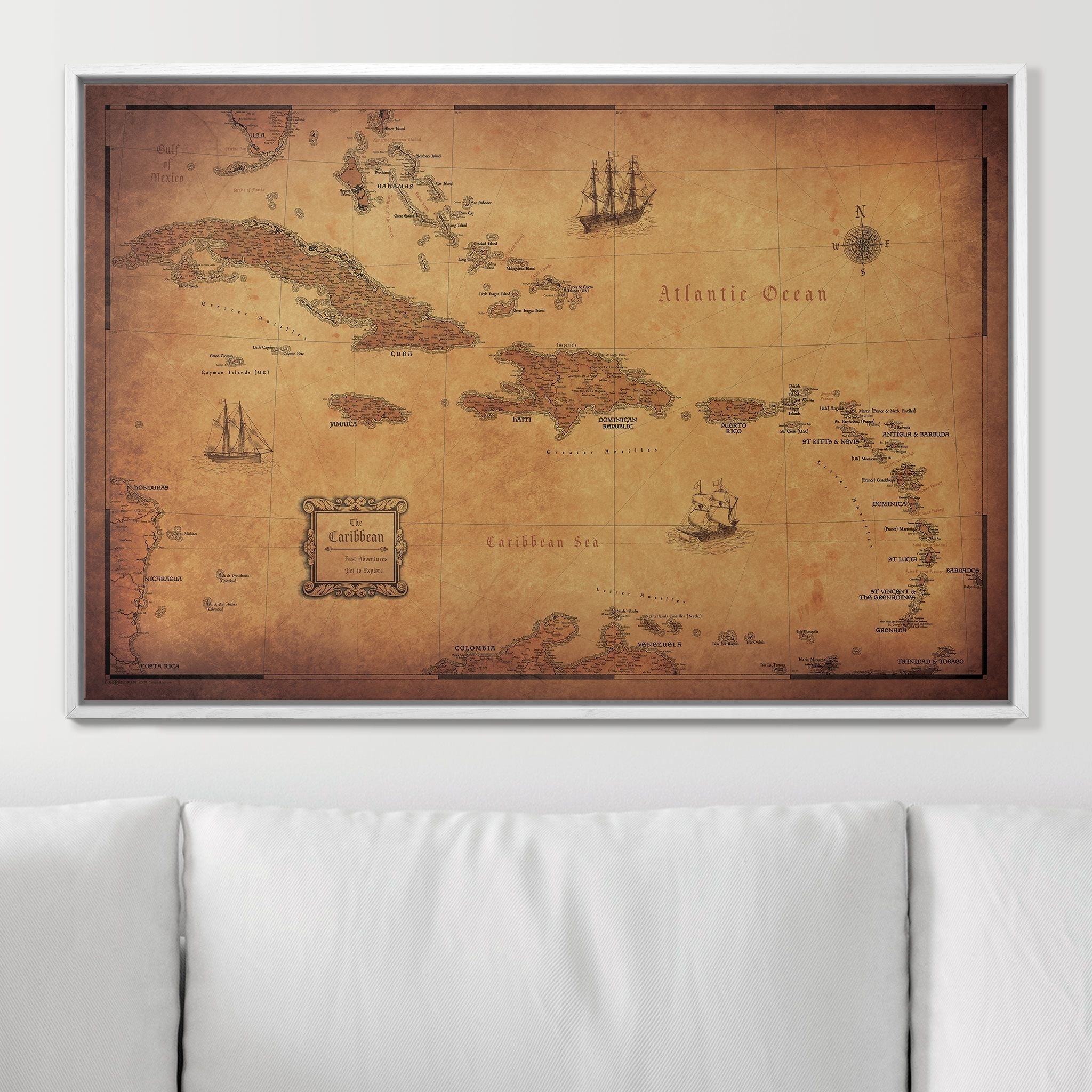 Push Pin Caribbean Map - Golden Aged - Pins Included! - Liberty Flag & Specialty