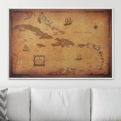 Push Pin Caribbean Map - Golden Aged - Pins Included! - Liberty Flag & Specialty