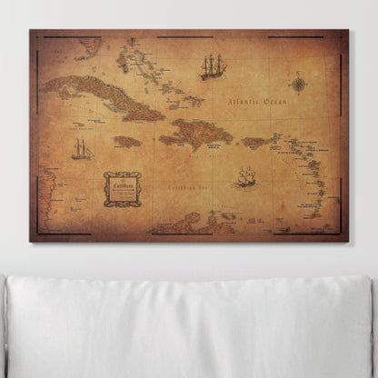 Push Pin Caribbean Map - Golden Aged - Pins Included! - Liberty Flag & Specialty