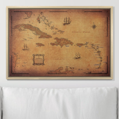 Push Pin Caribbean Map - Golden Aged - Pins Included! - Liberty Flag & Specialty