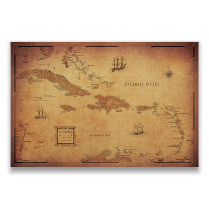 Push Pin Caribbean Map - Golden Aged - Pins Included! - Liberty Flag & Specialty