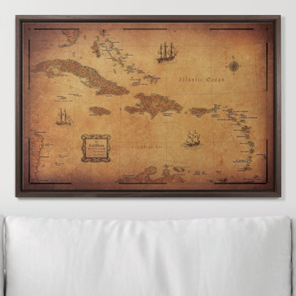 Push Pin Caribbean Map - Golden Aged - Pins Included! - Liberty Flag & Specialty