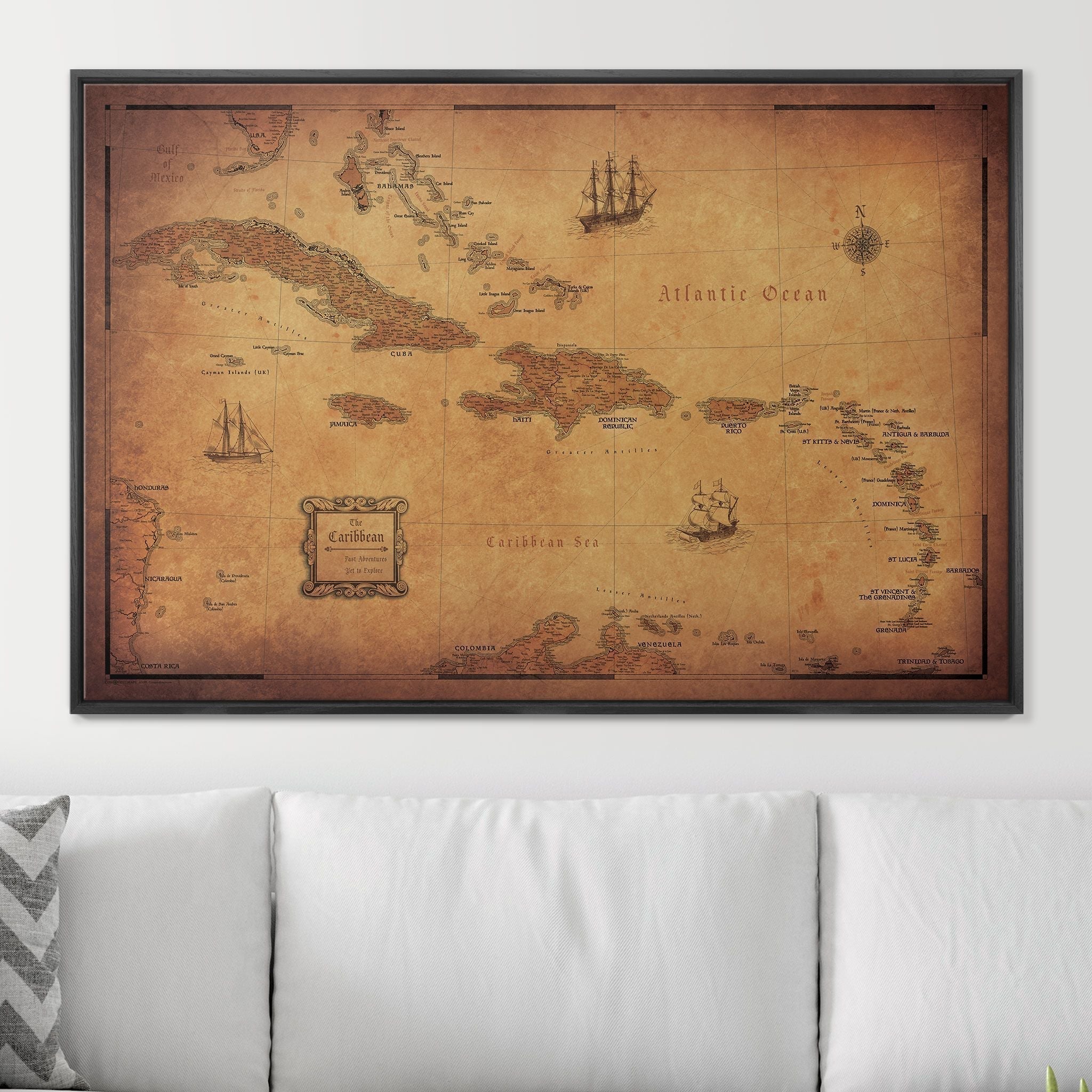 Push Pin Caribbean Map - Golden Aged - Pins Included! - Liberty Flag & Specialty