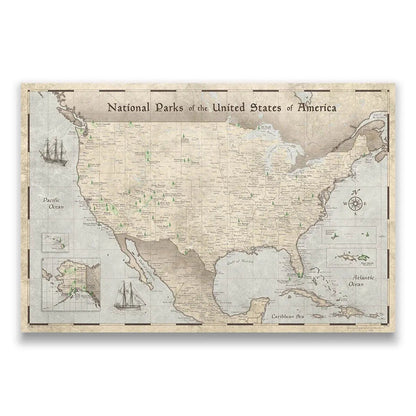 Push Pin National Parks Map - Rustic Vintage - Pins Included! - Liberty Flag & Specialty