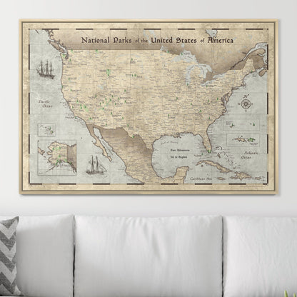 Push Pin National Parks Map - Rustic Vintage - Pins Included! - Liberty Flag & Specialty