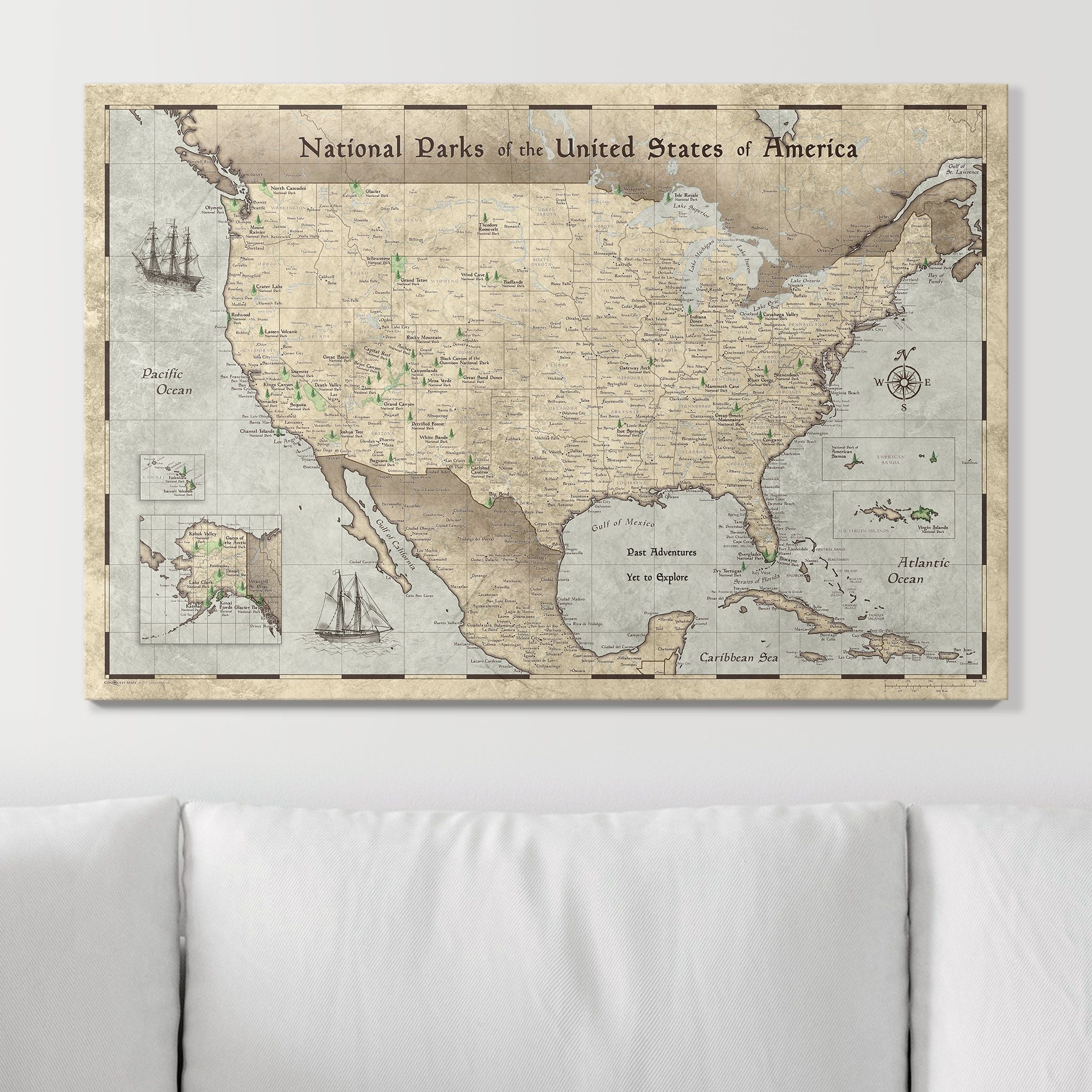 Push Pin National Parks Map - Rustic Vintage - Pins Included! - Liberty Flag & Specialty