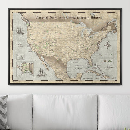 Push Pin National Parks Map - Rustic Vintage - Pins Included! - Liberty Flag & Specialty