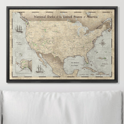 Push Pin National Parks Map - Rustic Vintage - Pins Included! - Liberty Flag & Specialty