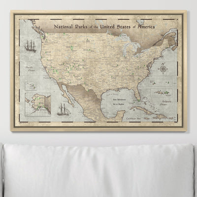 Push Pin National Parks Map - Rustic Vintage - Pins Included! - Liberty Flag & Specialty