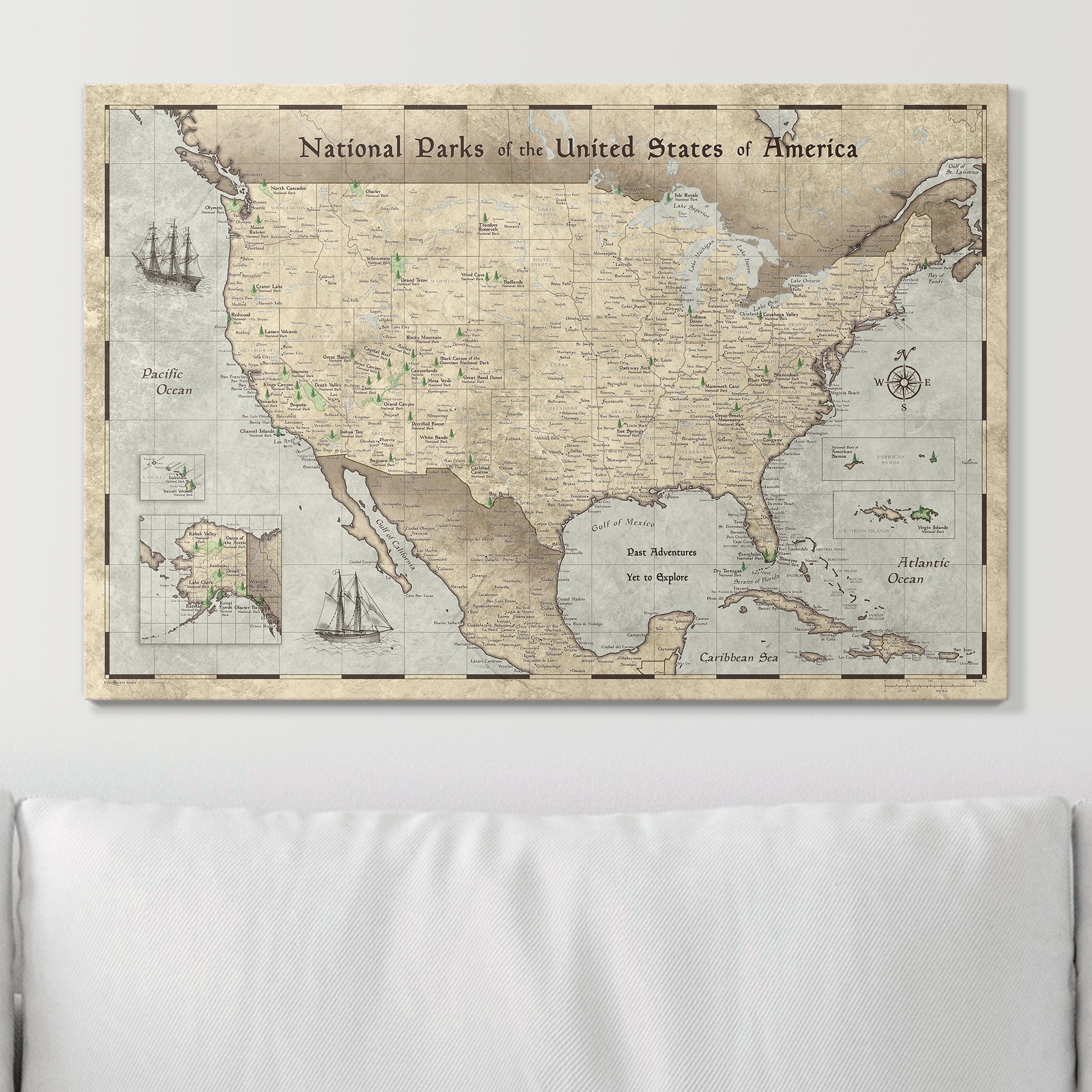 Push Pin National Parks Map - Rustic Vintage - Pins Included! - Liberty Flag & Specialty