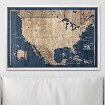 Push Pin USA Map Pin Board - Deep - Sea Drift - Pins Included! - Liberty Flag & Specialty