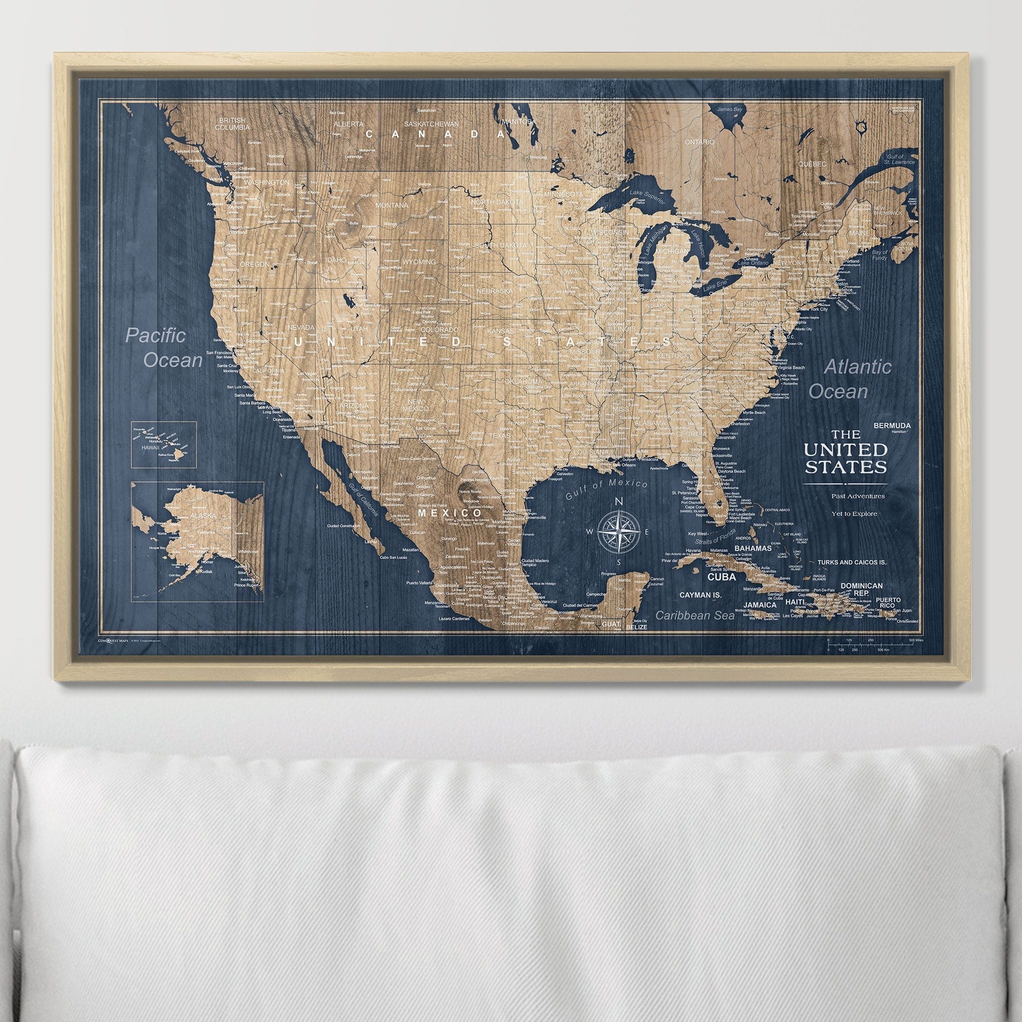 Push Pin USA Map Pin Board - Deep - Sea Drift - Pins Included! - Liberty Flag & Specialty