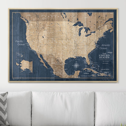 Push Pin USA Map Pin Board - Deep - Sea Drift - Pins Included! - Liberty Flag & Specialty