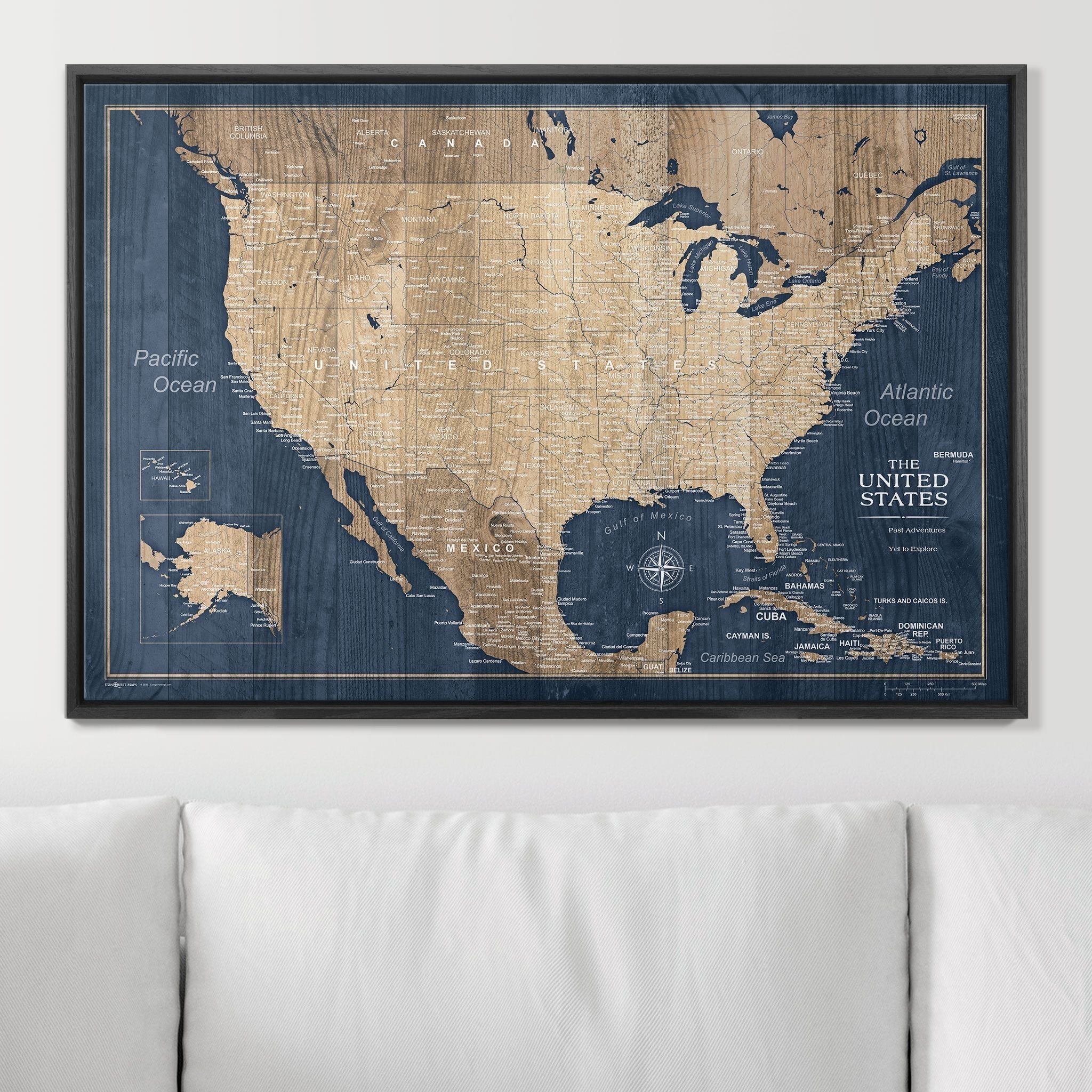 Push Pin USA Map Pin Board - Deep - Sea Drift - Pins Included! - Liberty Flag & Specialty