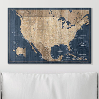 Push Pin USA Map Pin Board - Deep - Sea Drift - Pins Included! - Liberty Flag & Specialty