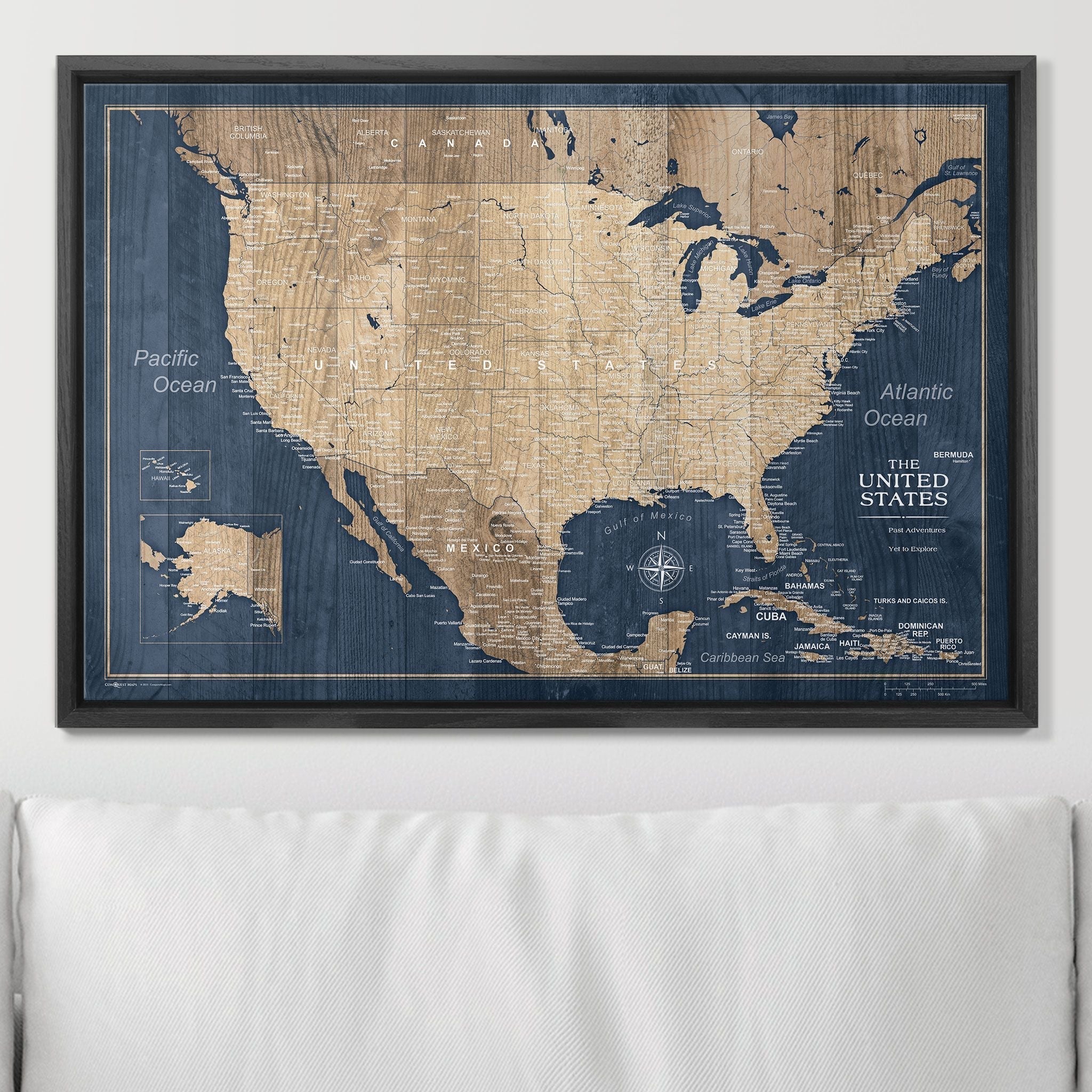 Push Pin USA Map Pin Board - Deep - Sea Drift - Pins Included! - Liberty Flag & Specialty