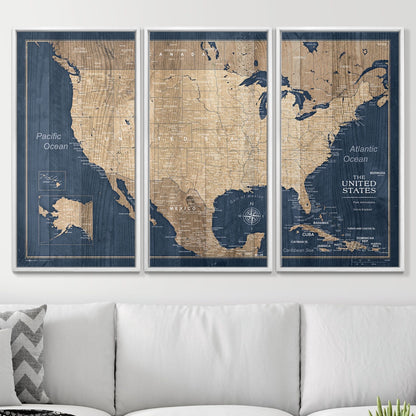 Push Pin USA Map Pin Board - Deep - Sea Drift - Pins Included! - Liberty Flag & Specialty