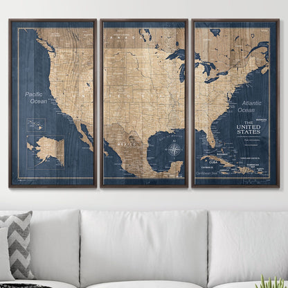 Push Pin USA Map Pin Board - Deep - Sea Drift - Pins Included! - Liberty Flag & Specialty