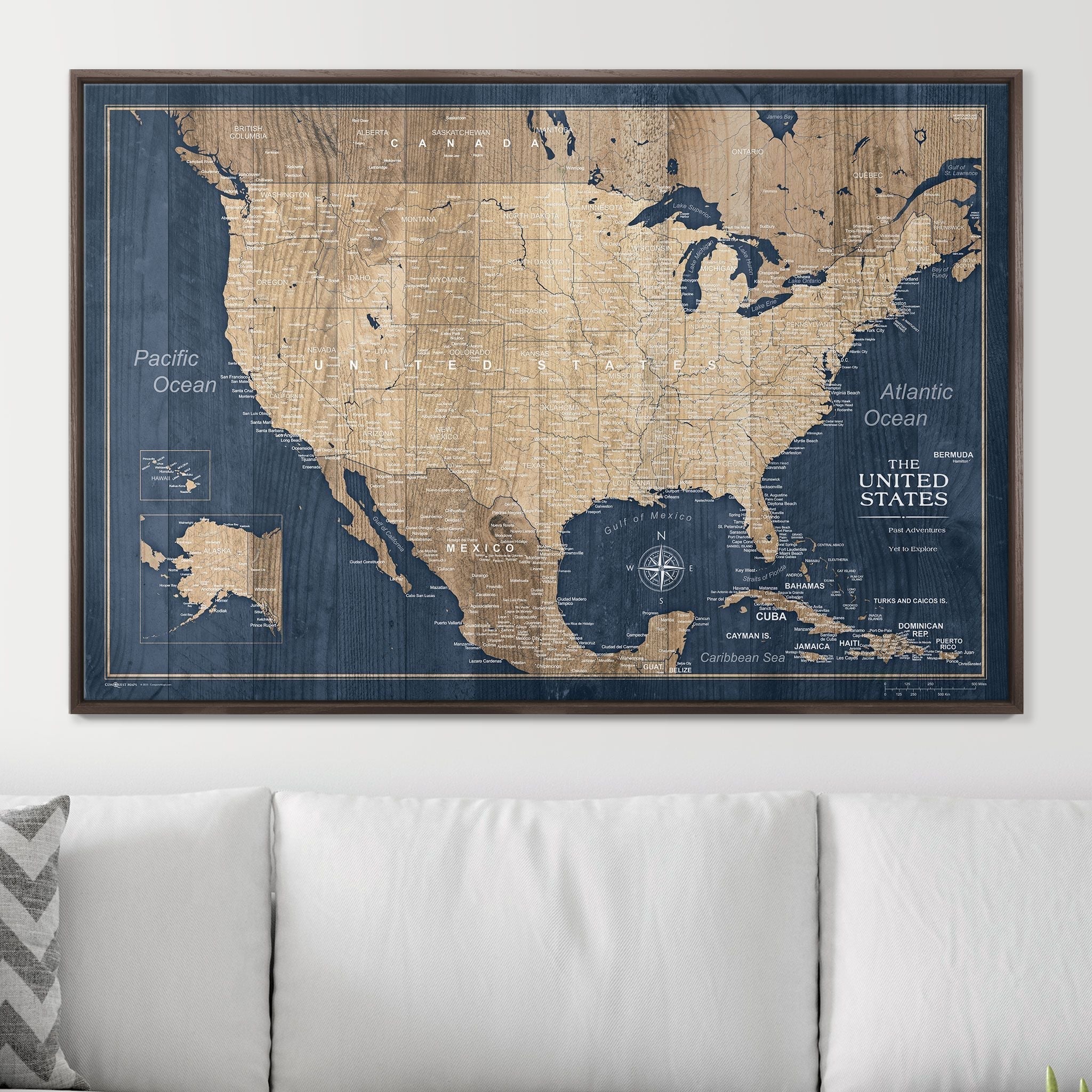 Push Pin USA Map Pin Board - Deep - Sea Drift - Pins Included! - Liberty Flag & Specialty