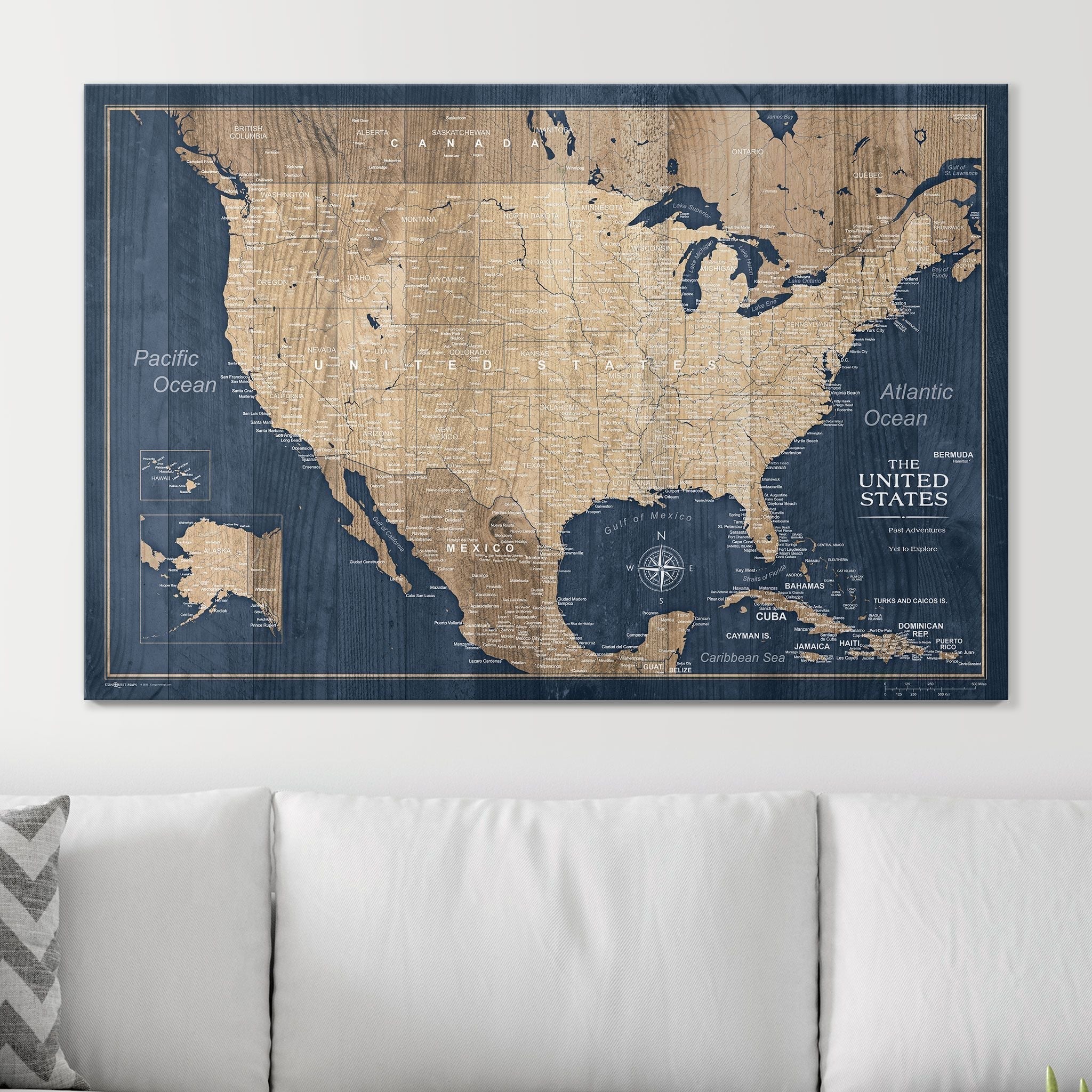 Push Pin USA Map Pin Board - Deep - Sea Drift - Pins Included! - Liberty Flag & Specialty