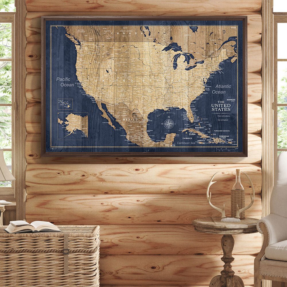 Push Pin USA Map Pin Board - Deep - Sea Drift - Pins Included! - Liberty Flag & Specialty