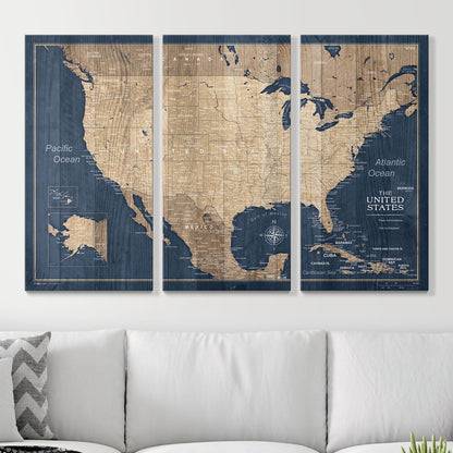 Push Pin USA Map Pin Board - Deep - Sea Drift - Pins Included! - Liberty Flag & Specialty