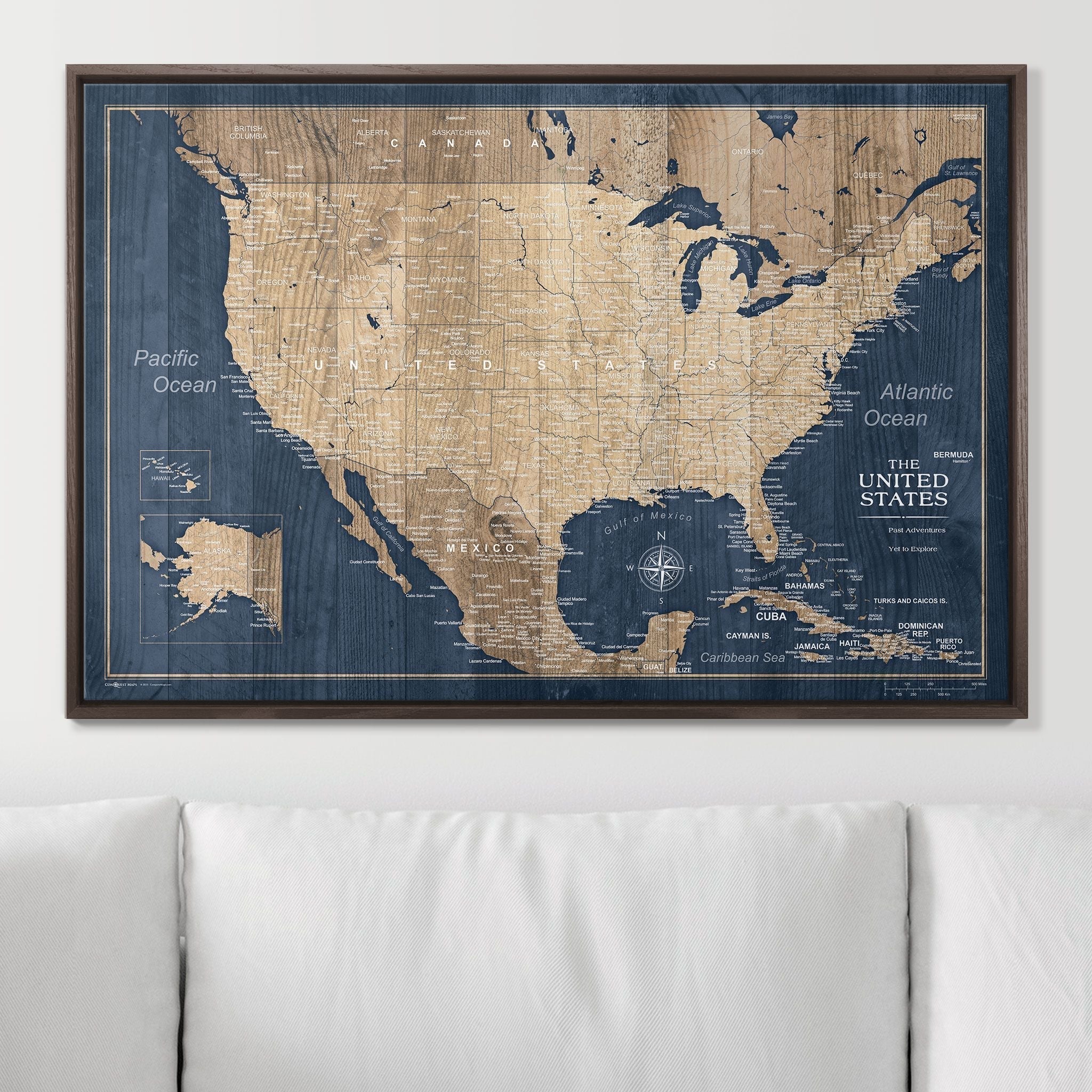 Push Pin USA Map Pin Board - Deep - Sea Drift - Pins Included! - Liberty Flag & Specialty