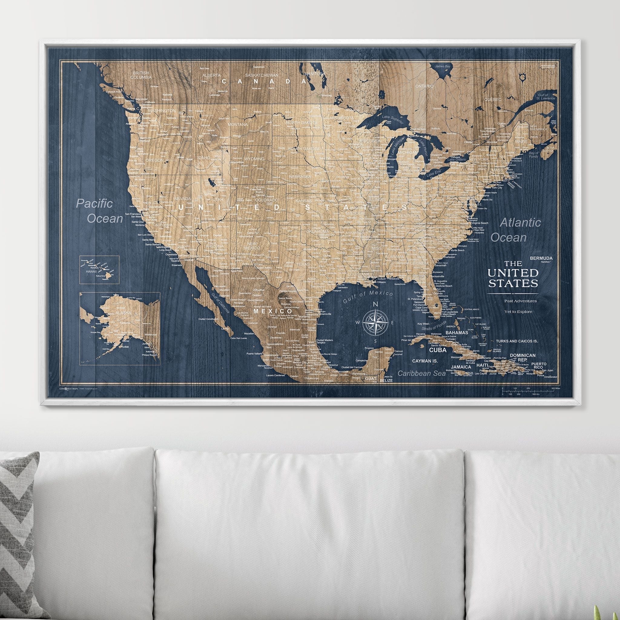 Push Pin USA Map Pin Board - Deep - Sea Drift - Pins Included! - Liberty Flag & Specialty