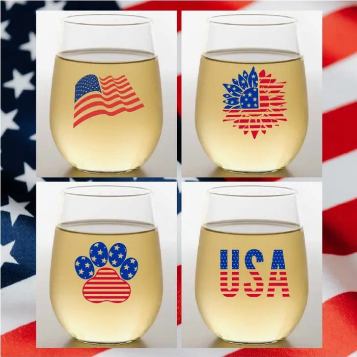 Red, White & Blue Shatterproof Wine Glasses - Liberty Flag & Specialty